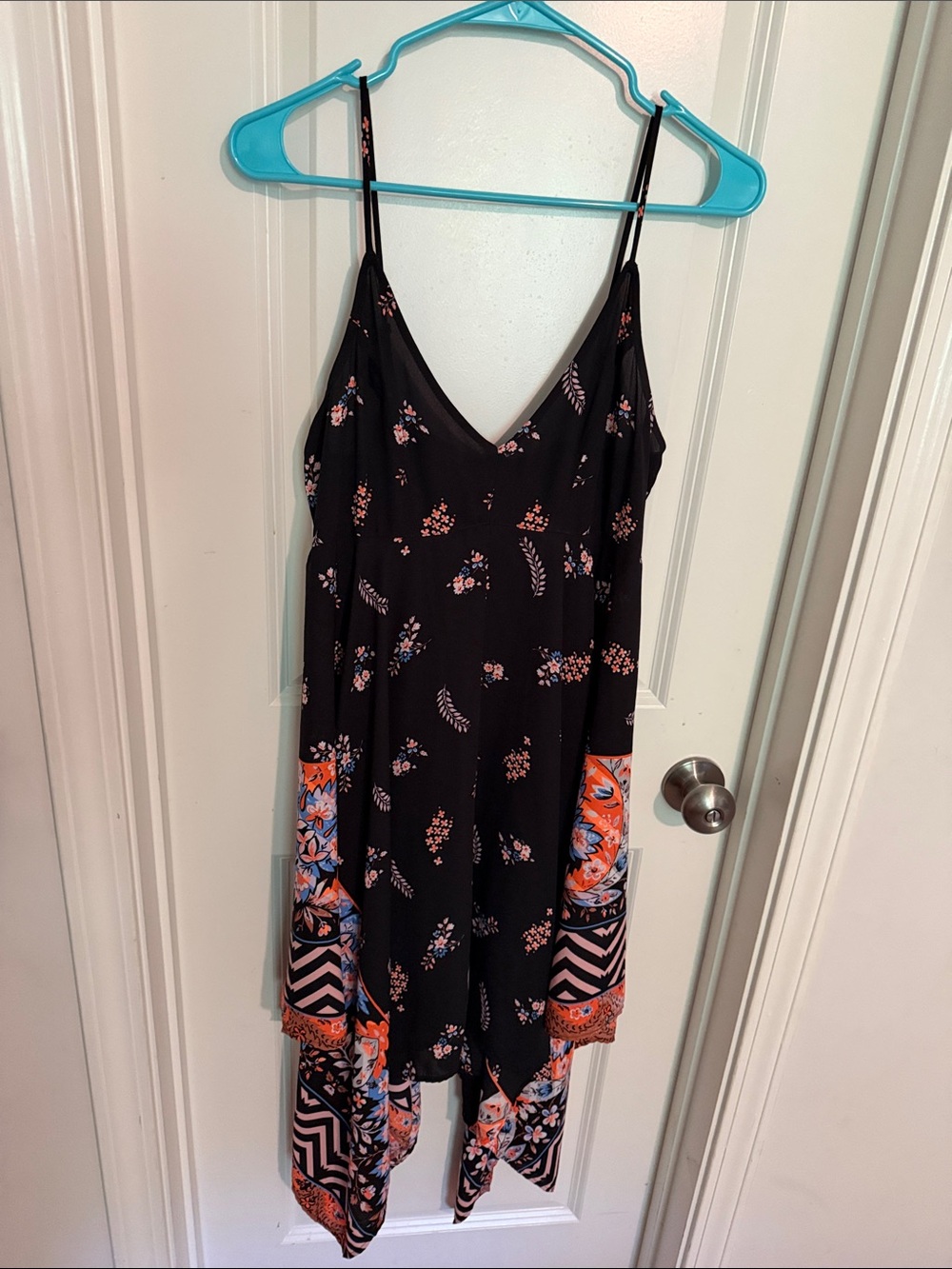 Express Black Floral Handkerchief Hem Slip Dress with Orange & Blue Accents